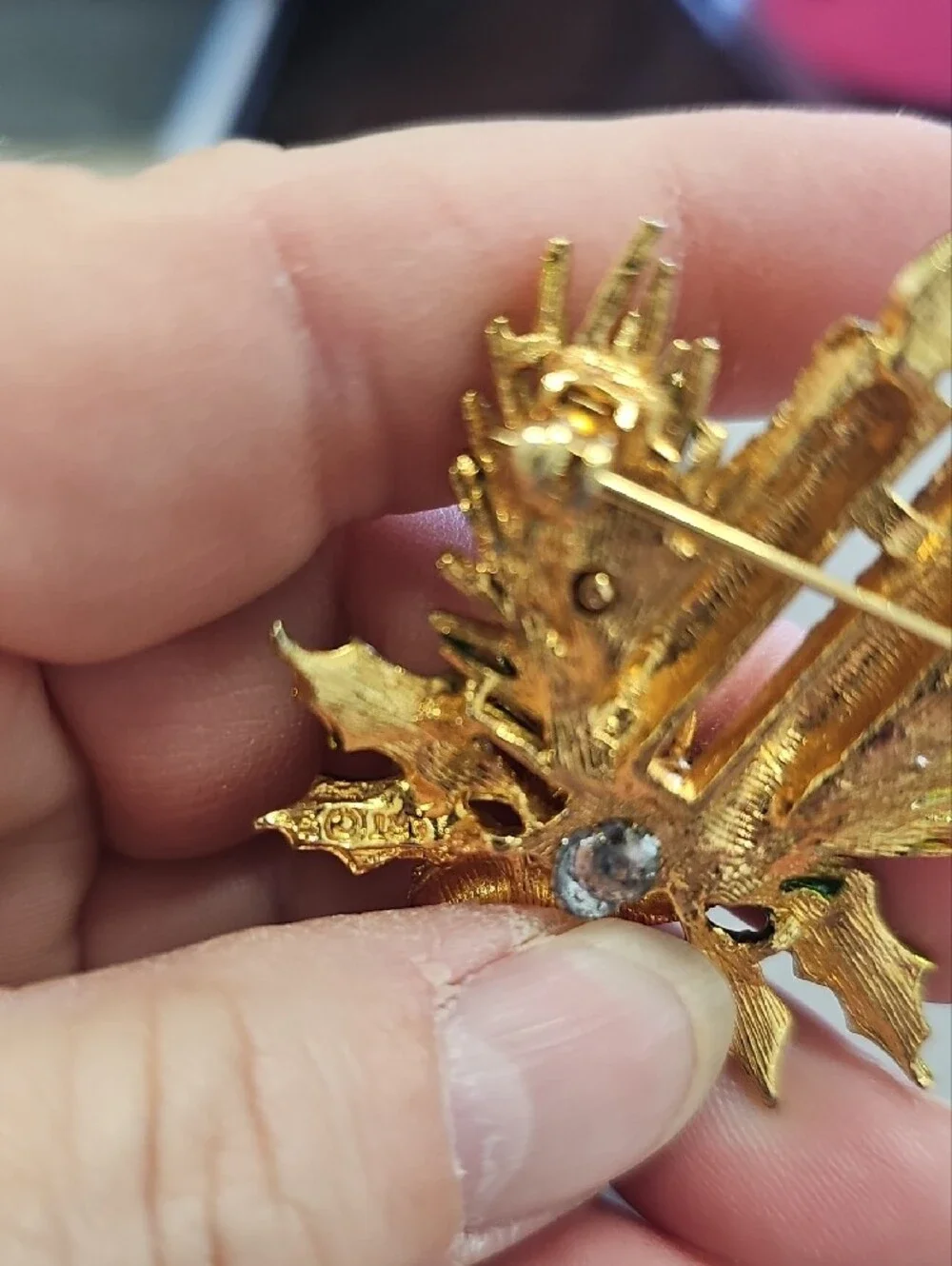 Gold-Tone Holiday Candle Brooch with Red Accents